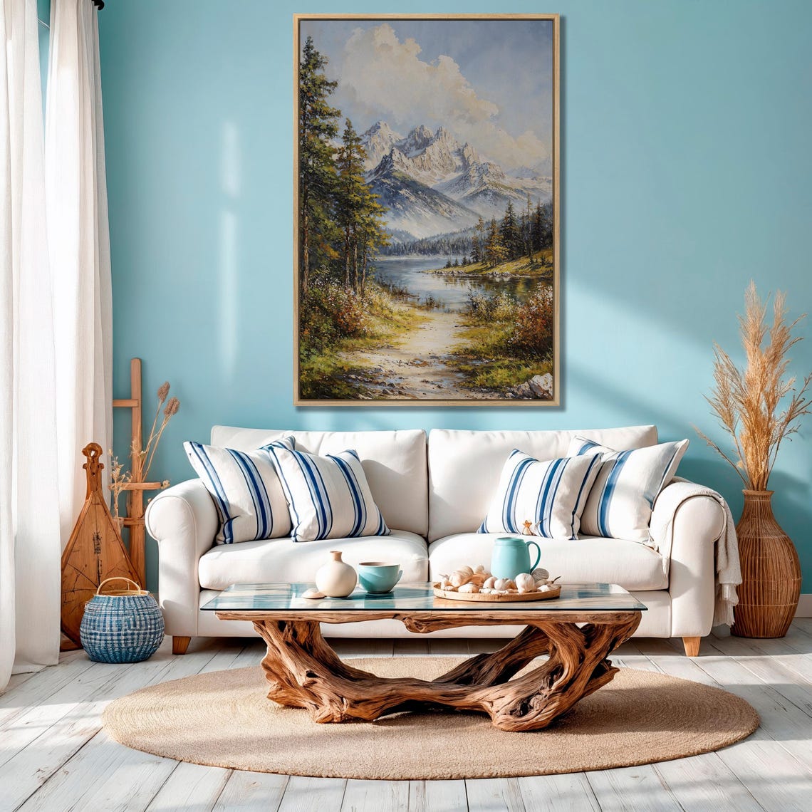 Snowy Mountain Peaks Above Calm Lake With Forest Path Poster - Image 4