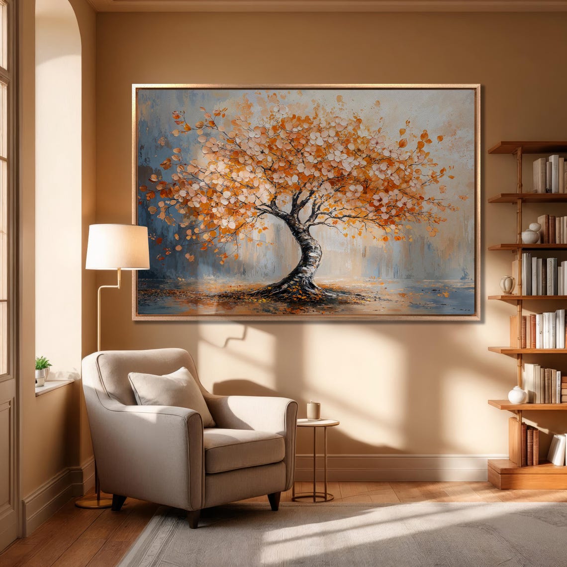 Orange Autumn Tree with Twisted Trunk Blue Nature Elegant Art Poster - Image 3