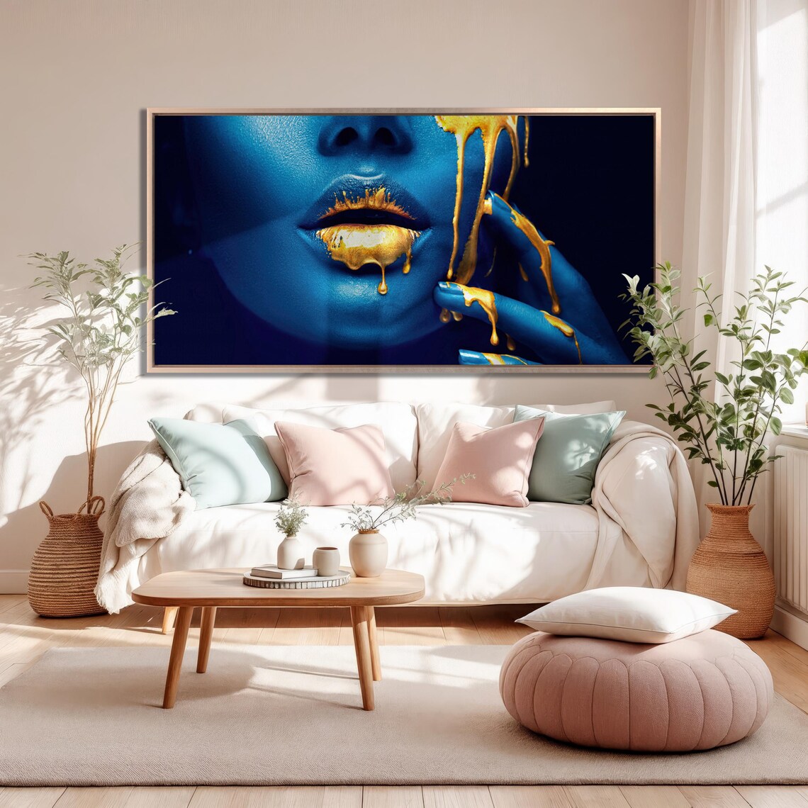 Blue and Gold Abstract Woman Face Modern Art Print - Image 2