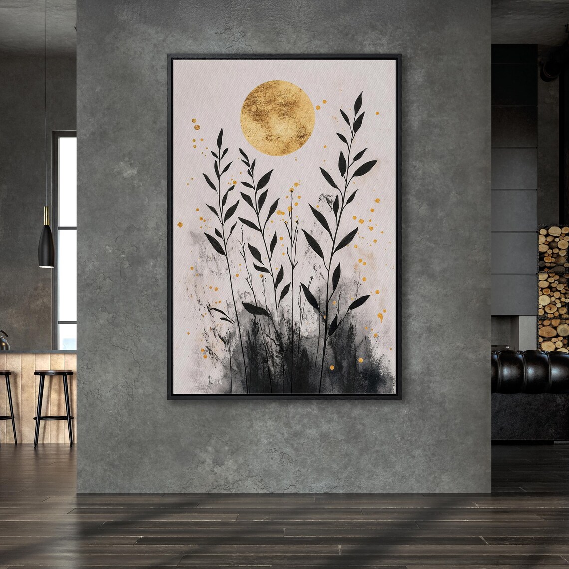 Minimalist Gold Moon With Tall Black Leafy Branches Art Print - Image 5