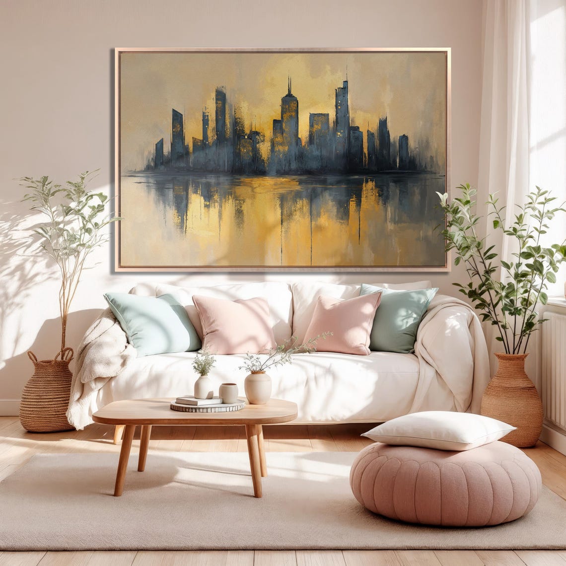 City Skyline Silhouette at Golden Sunset Water Reflection Art Poster - Image 4