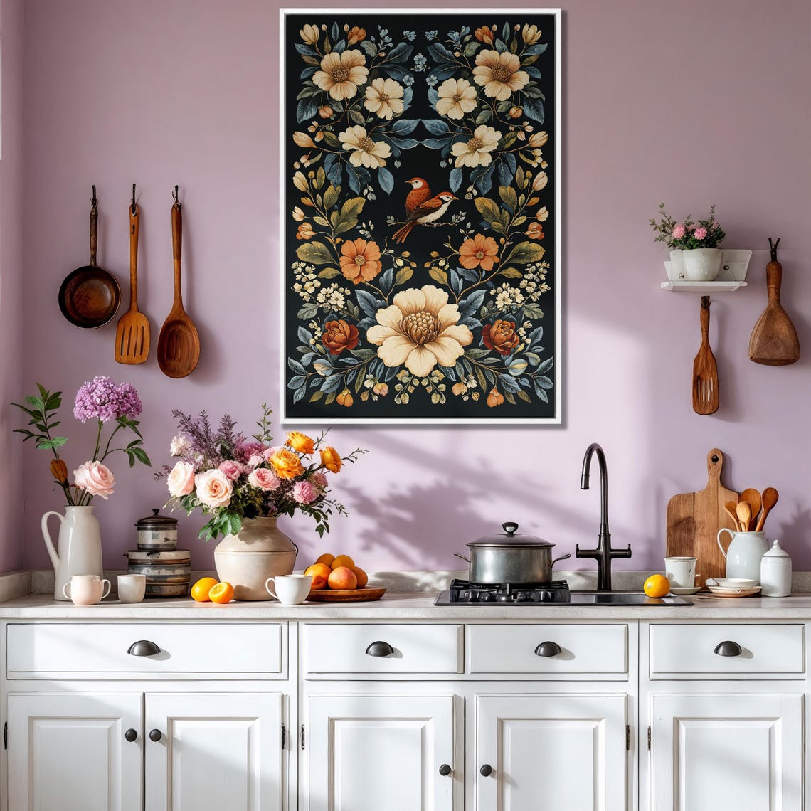 Symmetrical Floral Wreath with Bird on Black Vintage Botanical Poster - Image 3