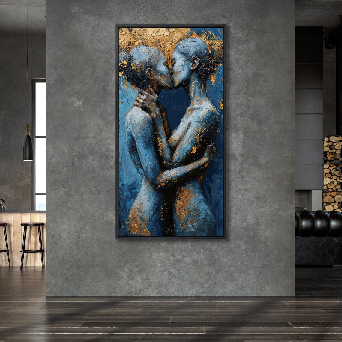 Embracing Couple Blue And Gold Textured Abstract Love Wall Art - Image 6