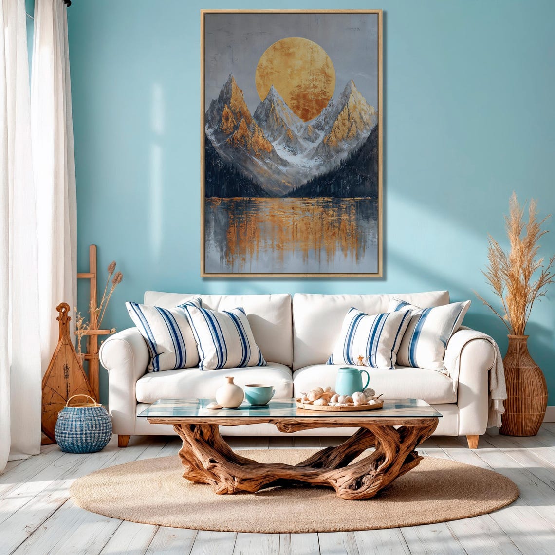 Golden Sunrise Behind Three Peaks Mountain Lake Reflection Poster - Image 4