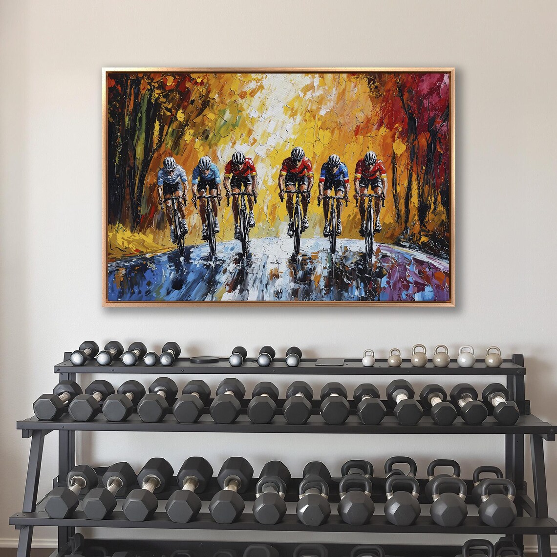 Cyclists Racing on Wet Road Through Golden Autumn Impasto Poster - Image 4