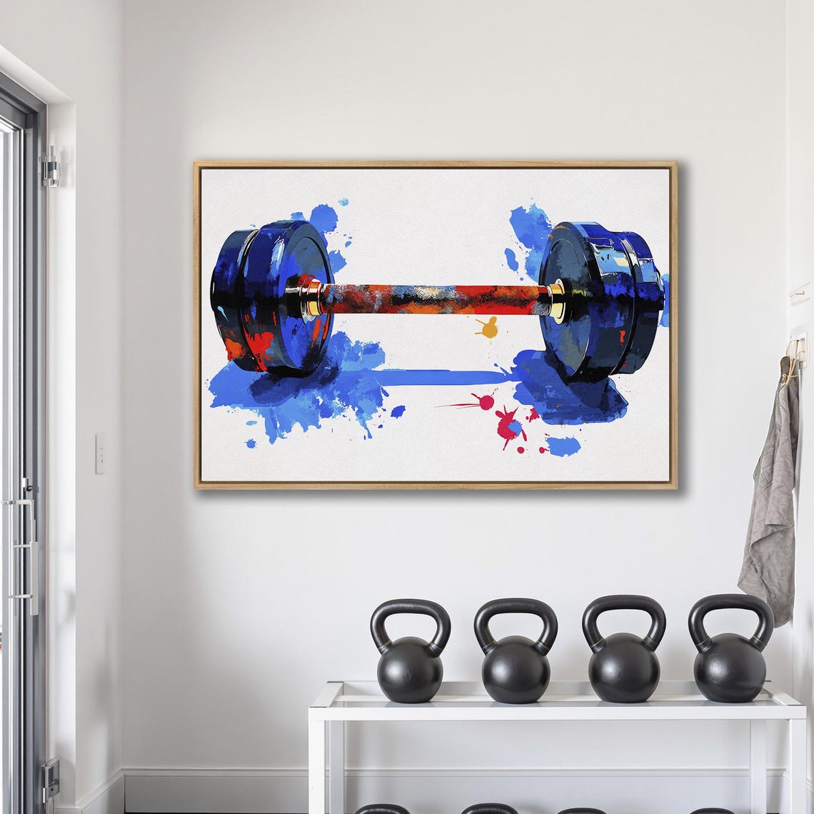 Dumbbell with Blue Plates and Red Bar on White Splatter Poster - Image 2