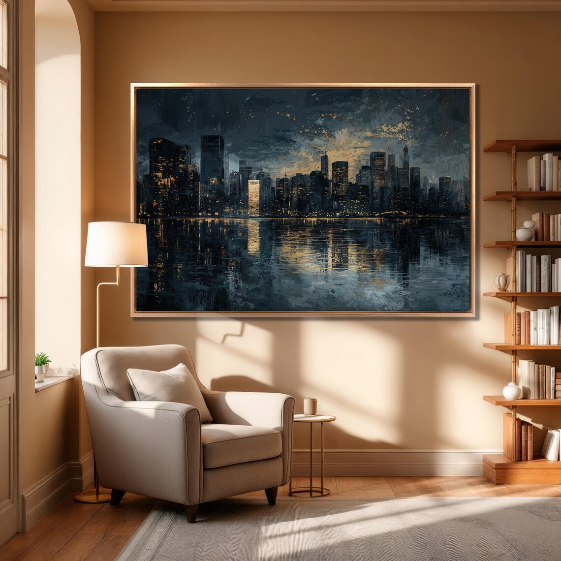 Night City Skyline with Glowing Lights Water Reflection Art Poster - Image 5
