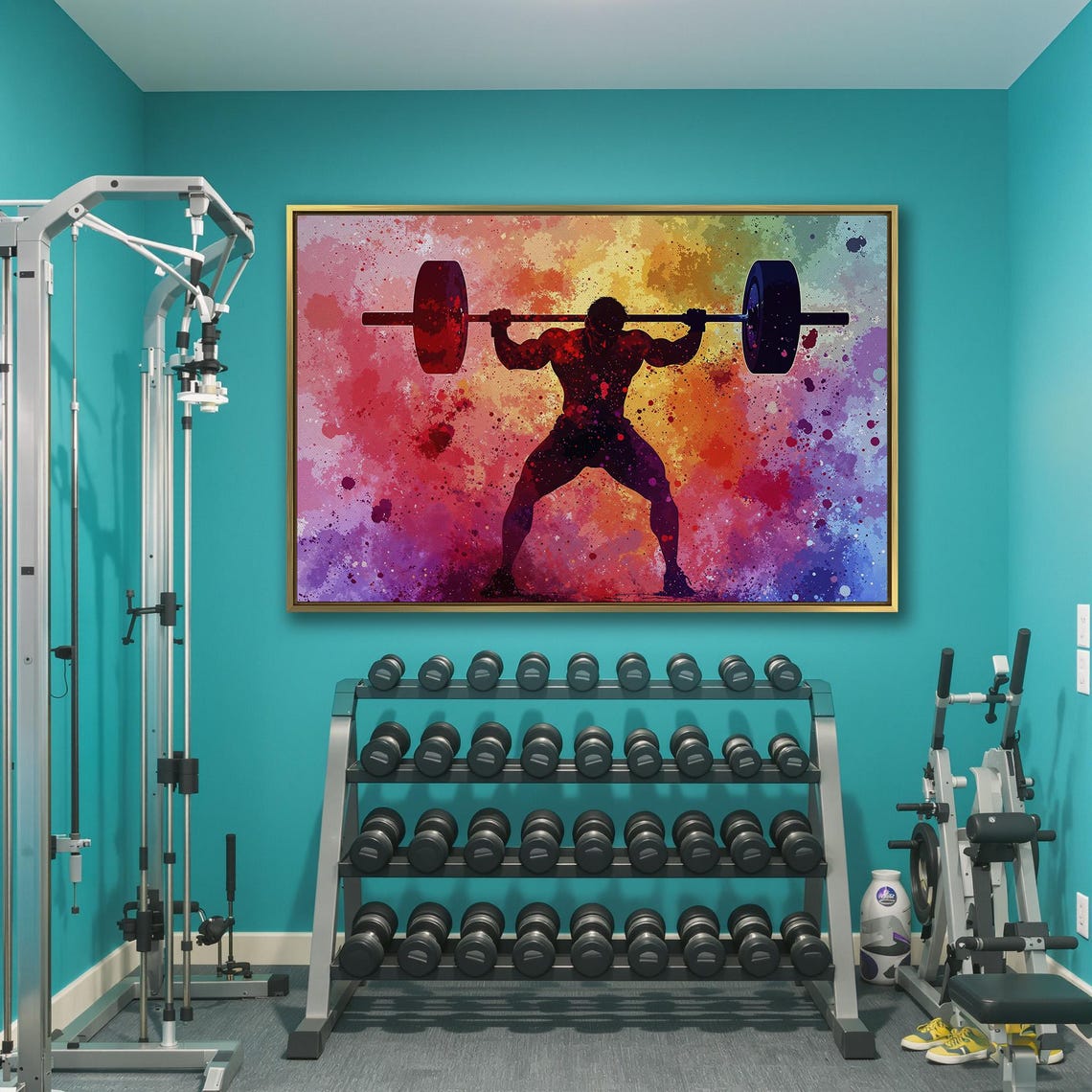 Weightlifter Silhouette Overhead Lift on Colorful Splatter Art Poster - Image 3