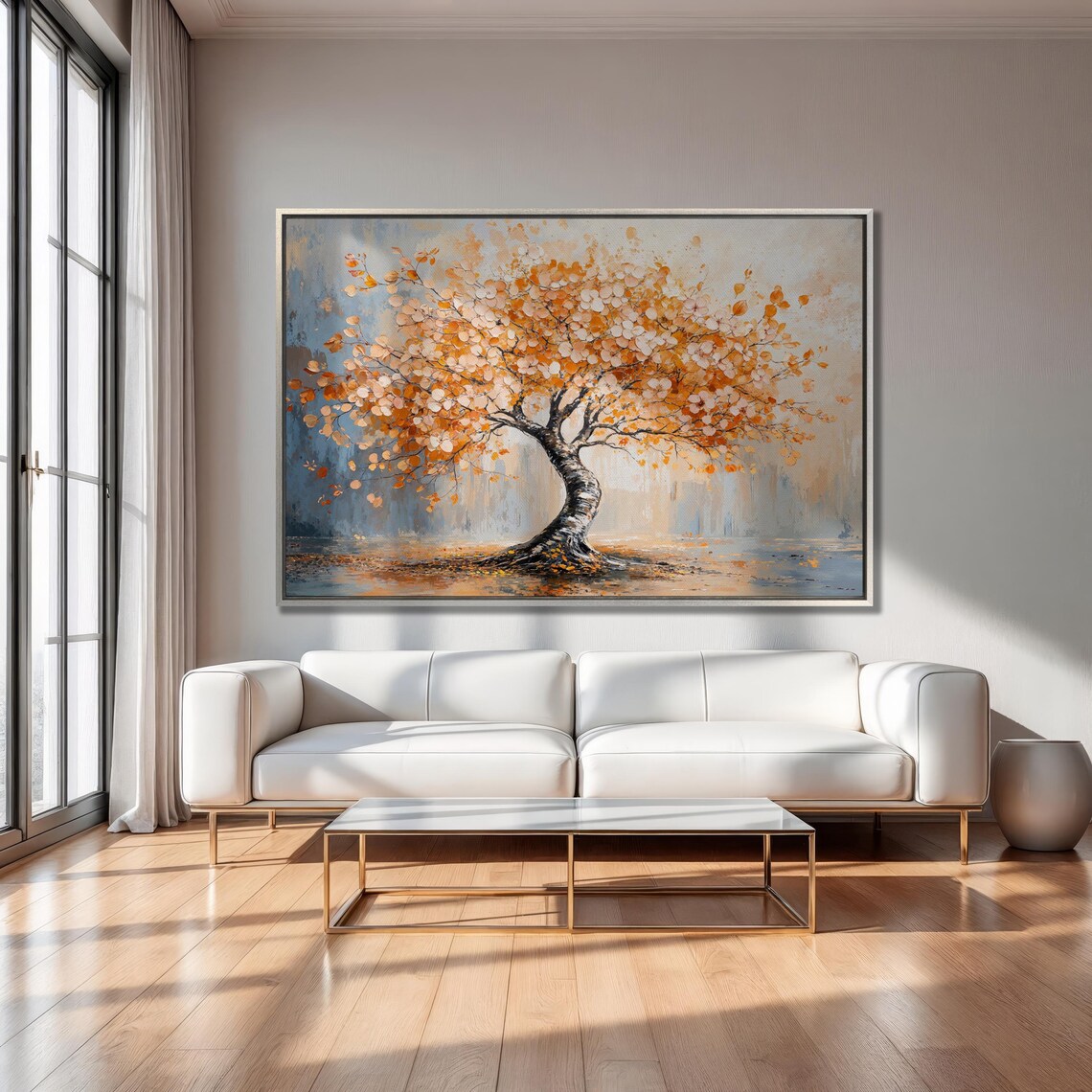 Orange Autumn Tree with Twisted Trunk Blue Nature Elegant Art Poster - Image 2