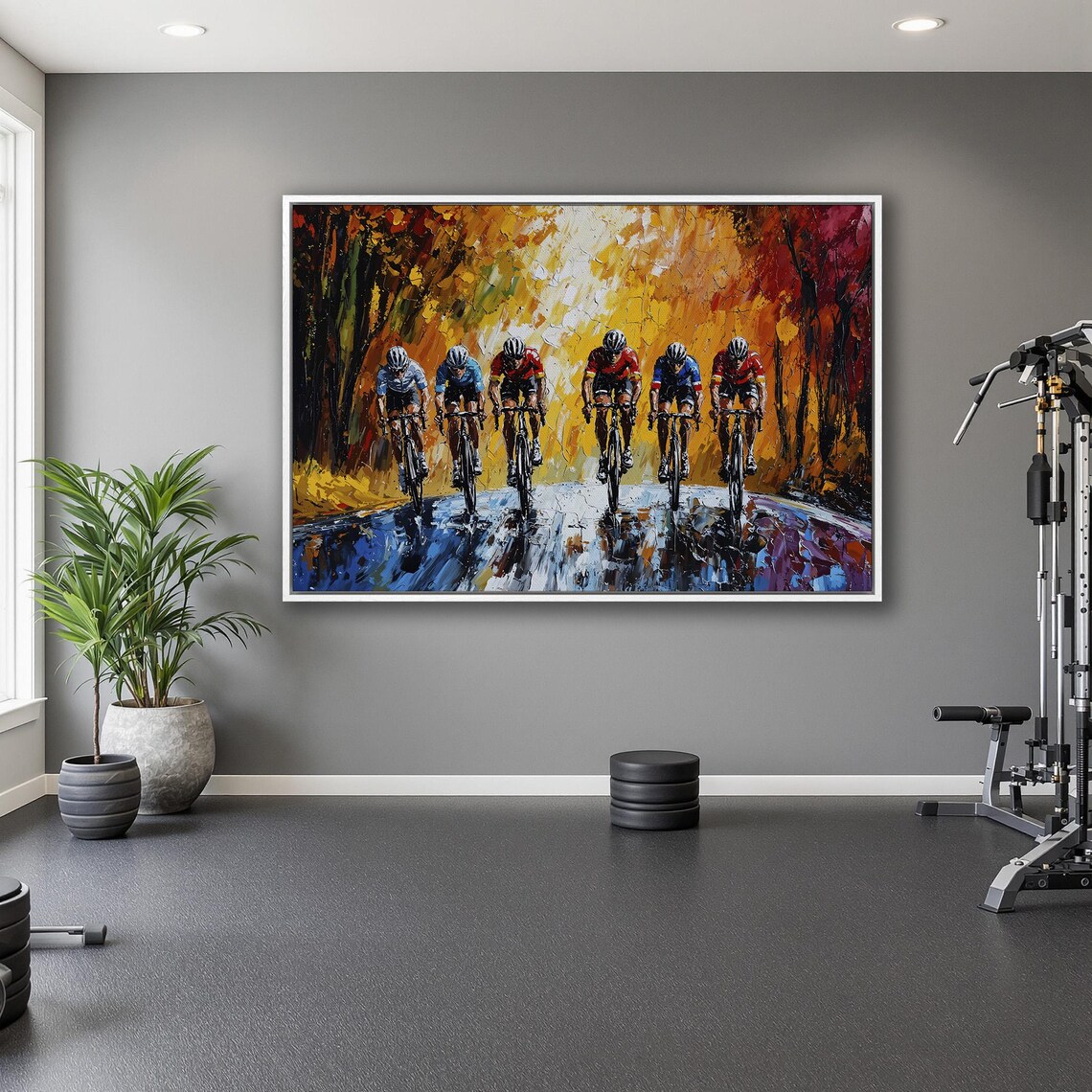 Cyclists Racing on Wet Road Through Golden Autumn Impasto Poster - Image 5