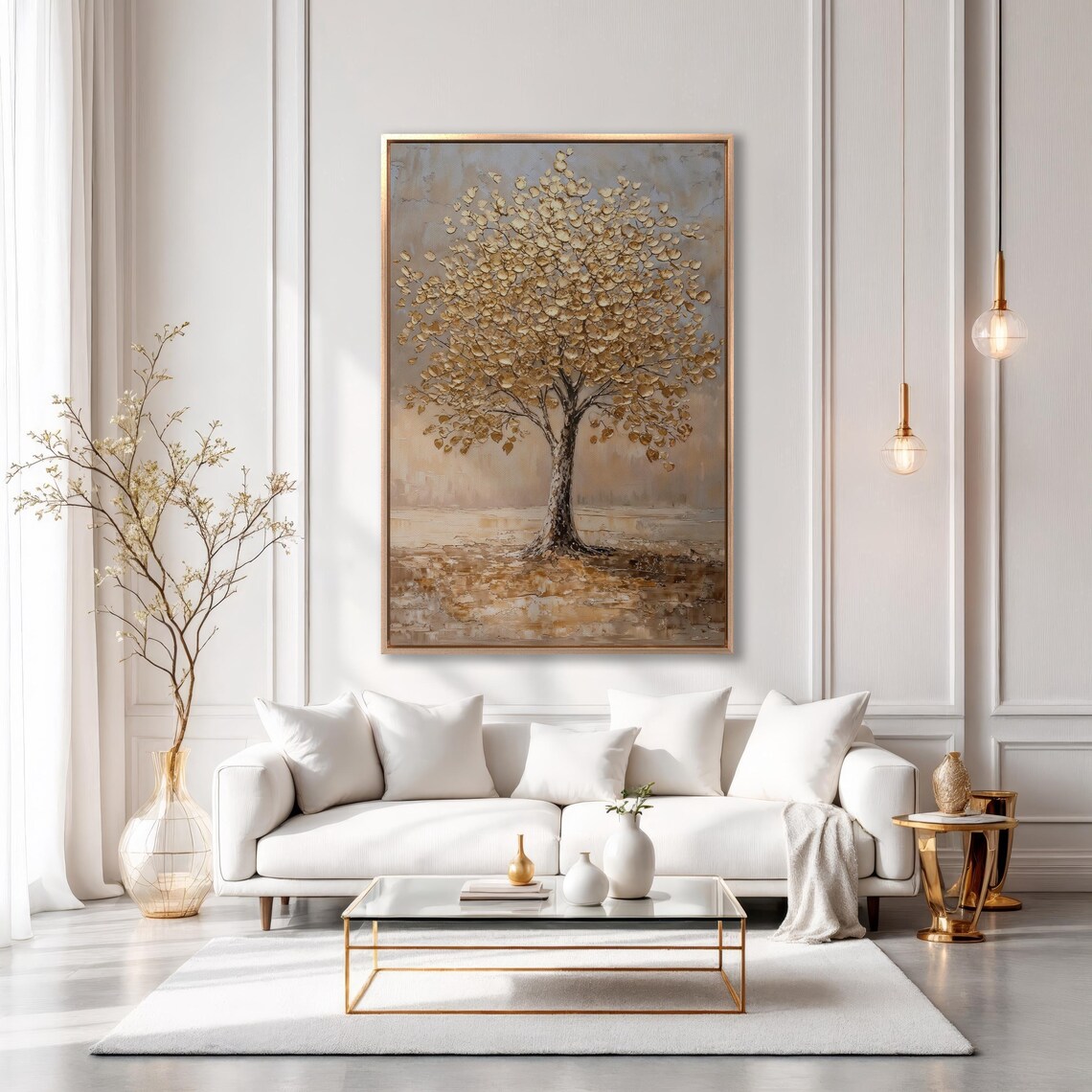 Solitary Golden Tree On Beige Gray Background Impasto Oil Poster - Image 3