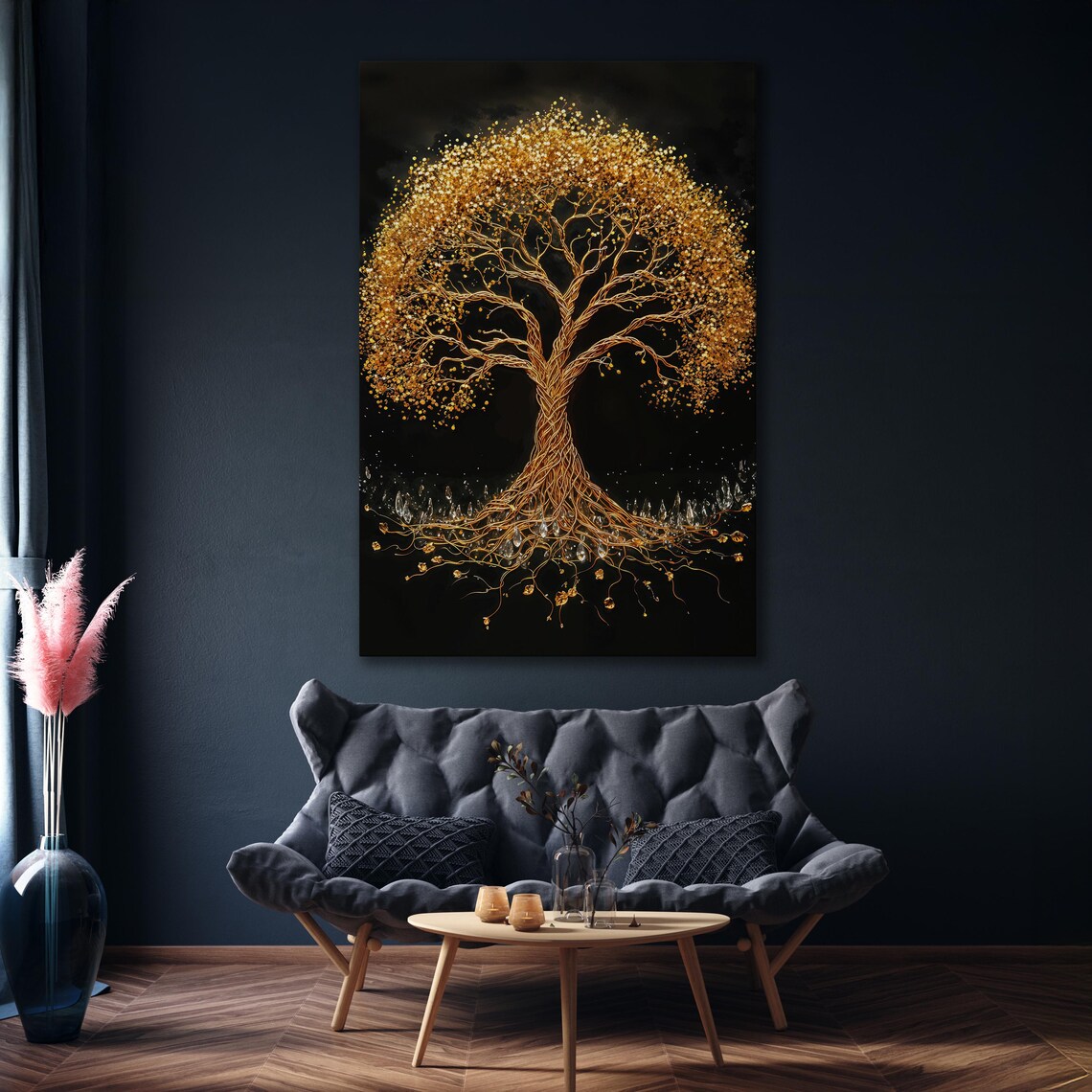 Golden Tree of Life with Crystal Roots on Black Elegant Art Poster - Image 4