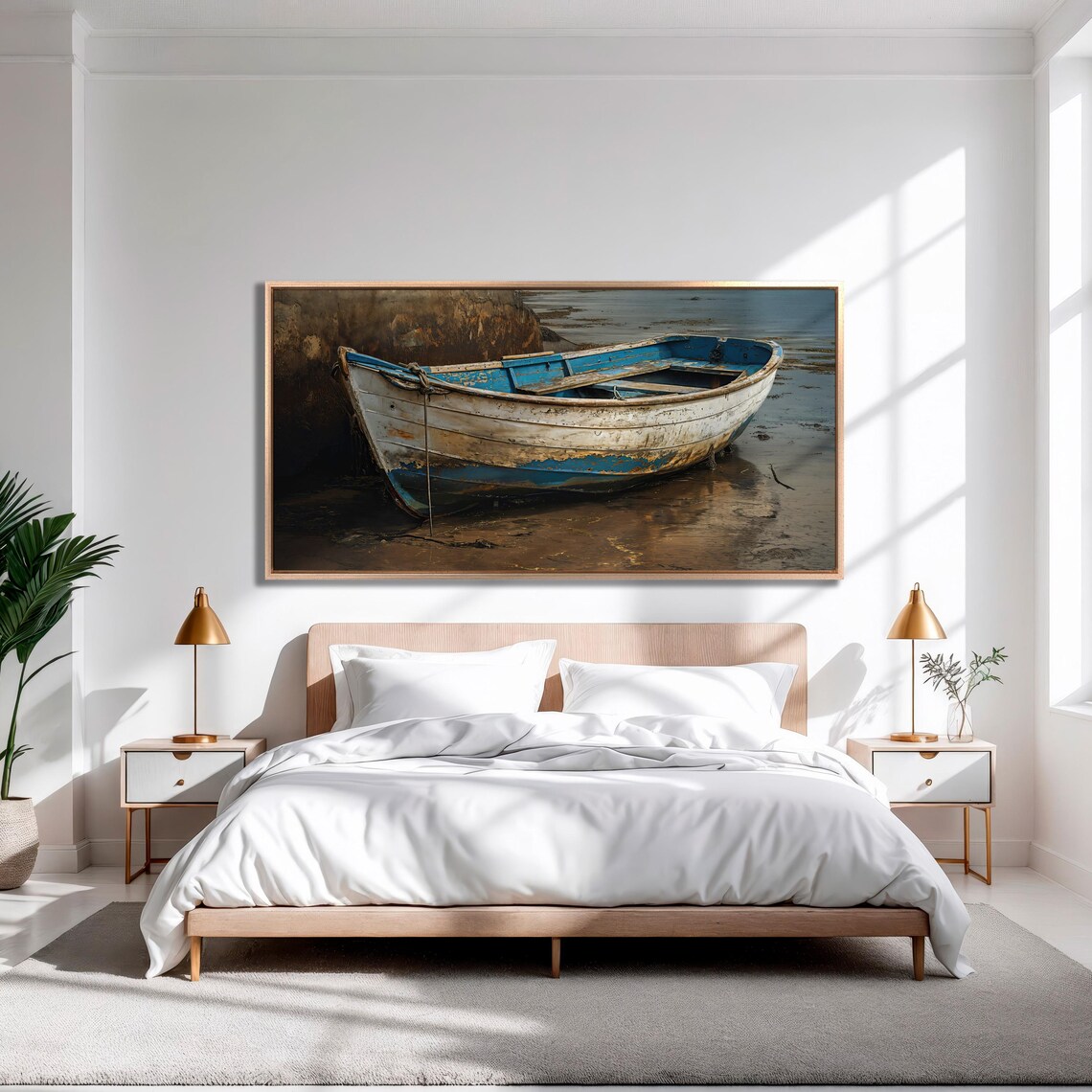 Weathered Blue Wooden Rowboat Moored At Low Tide Coastal Wall Art - Image 3