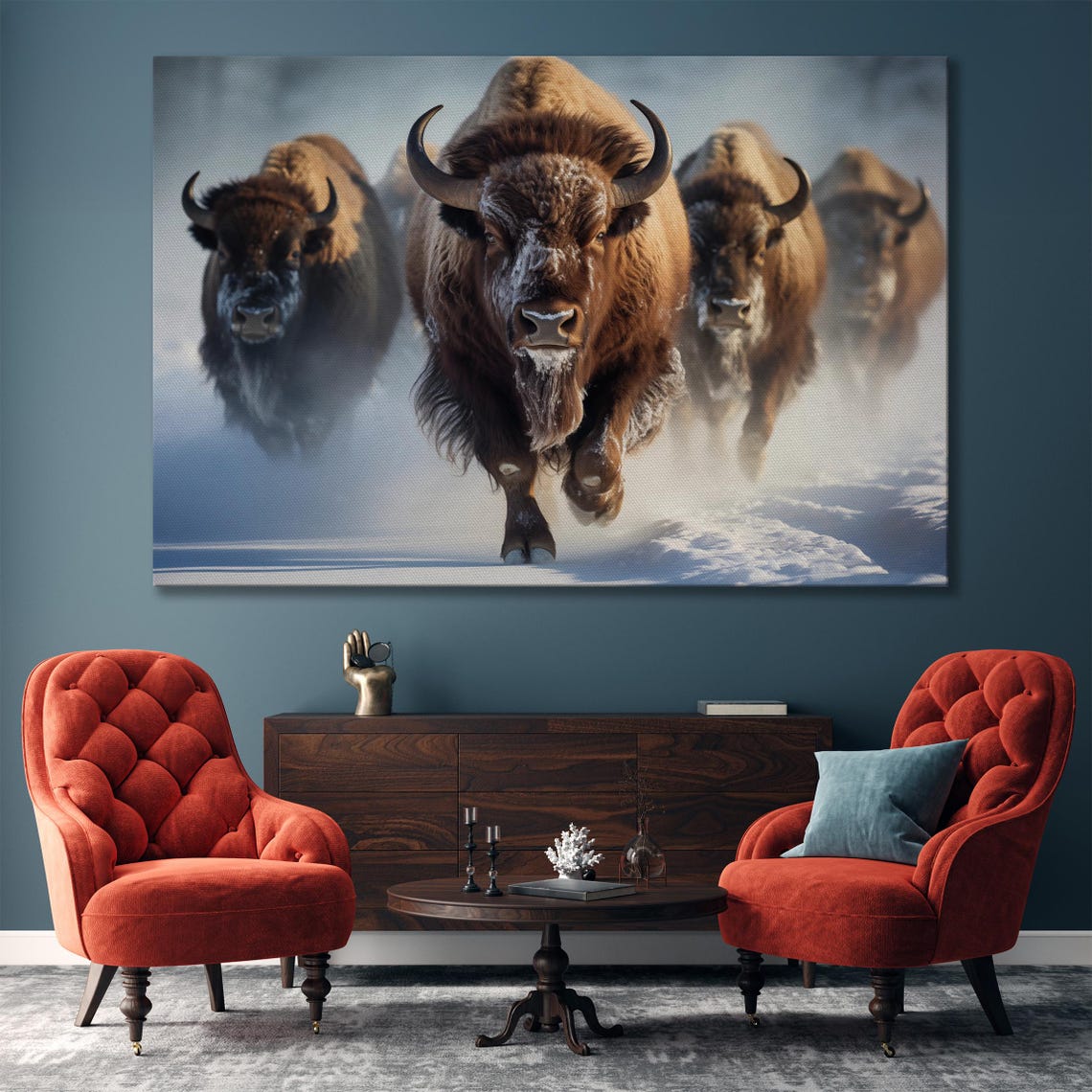 Bison Herd Charging Through Snow Rustic Winter Wildlife Wall Art - Image 4