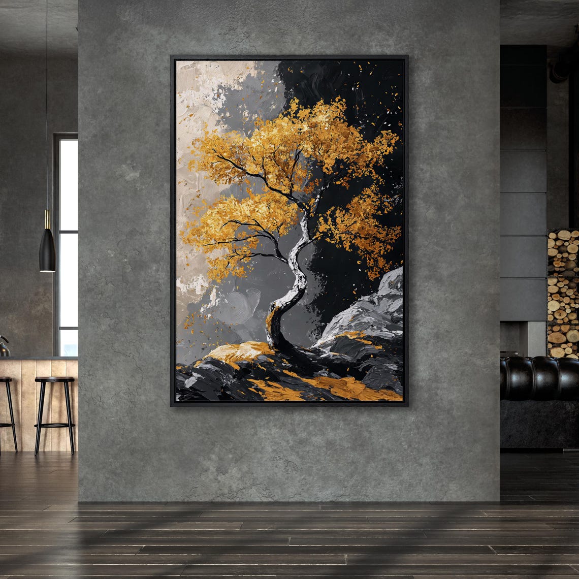Windswept Golden Tree On Dark Rocks Black Gold Impasto Poster - Image 4