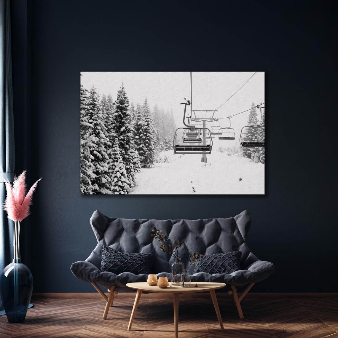 Ski Lift Chairs Snowy Pines Black And White Winter Photo Wall Art - Image 3