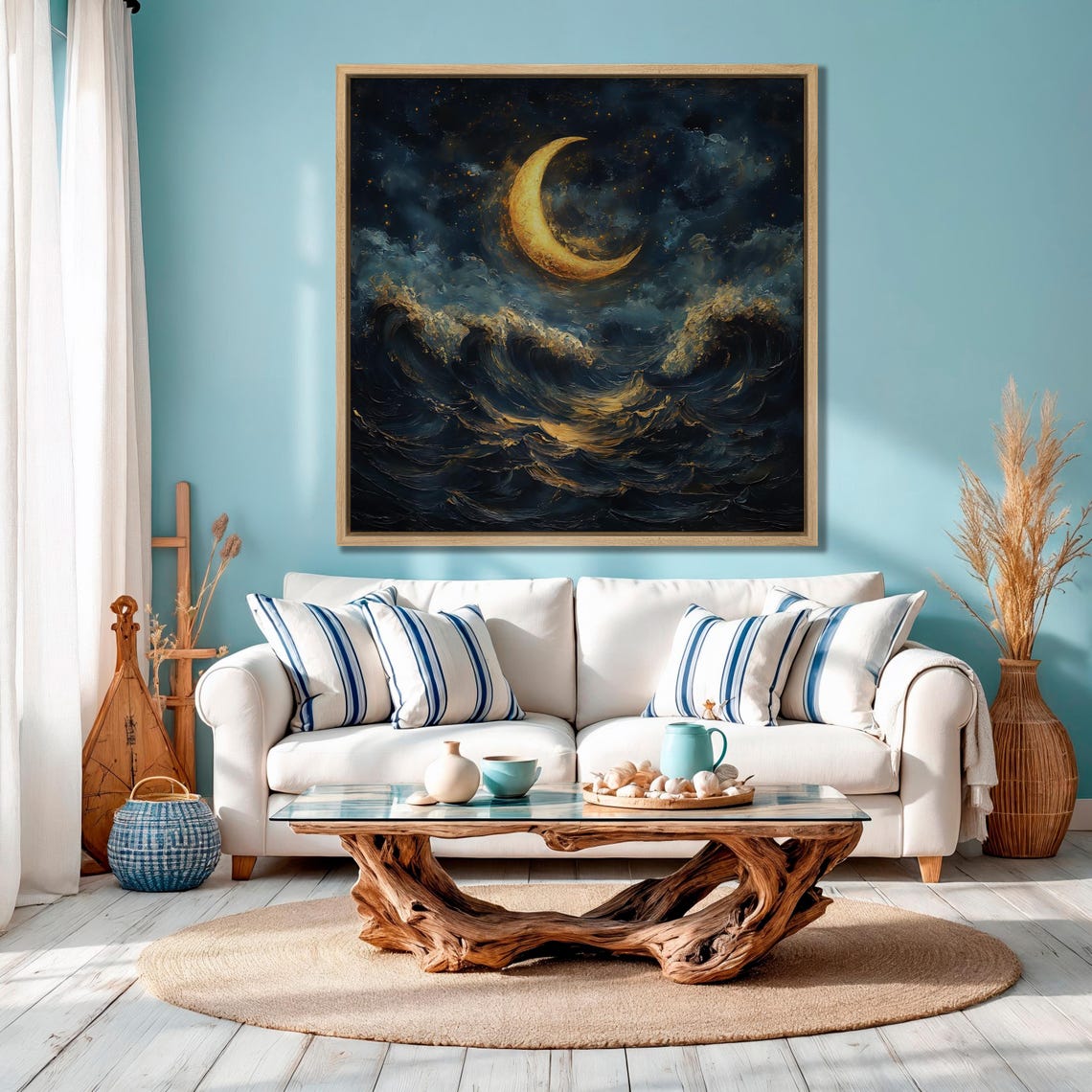 Golden Crescent Moon Over Stormy Dark Night Ocean Impasto Poster - Image 3