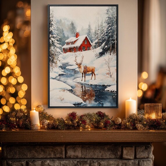 Red Cabin With Deer by Snowy River Daytime Winter Scene Poster