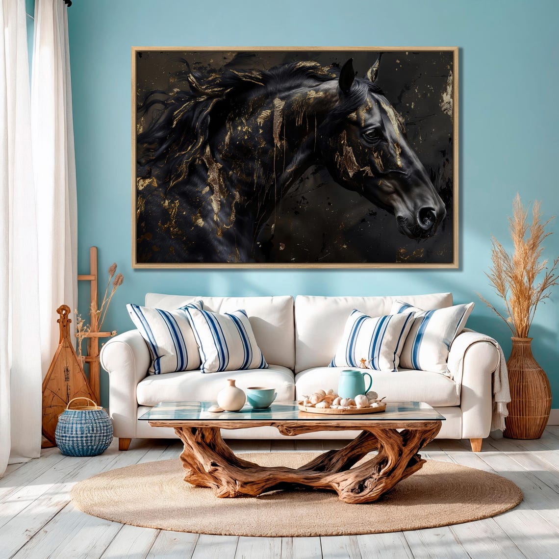 Black Horse Close Up With Gold Paint Drips Noble Equine Poster - Image 2