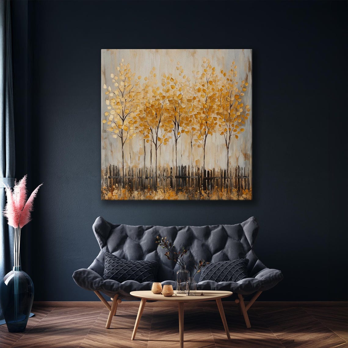 Golden Leaf Trees Standing Behind Rustic Wooden Fence Artwork Poster - Image 5