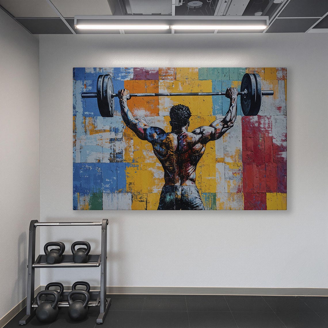 Man Pressing Barbell Overhead Back View Bold Color Block Poster - Image 6