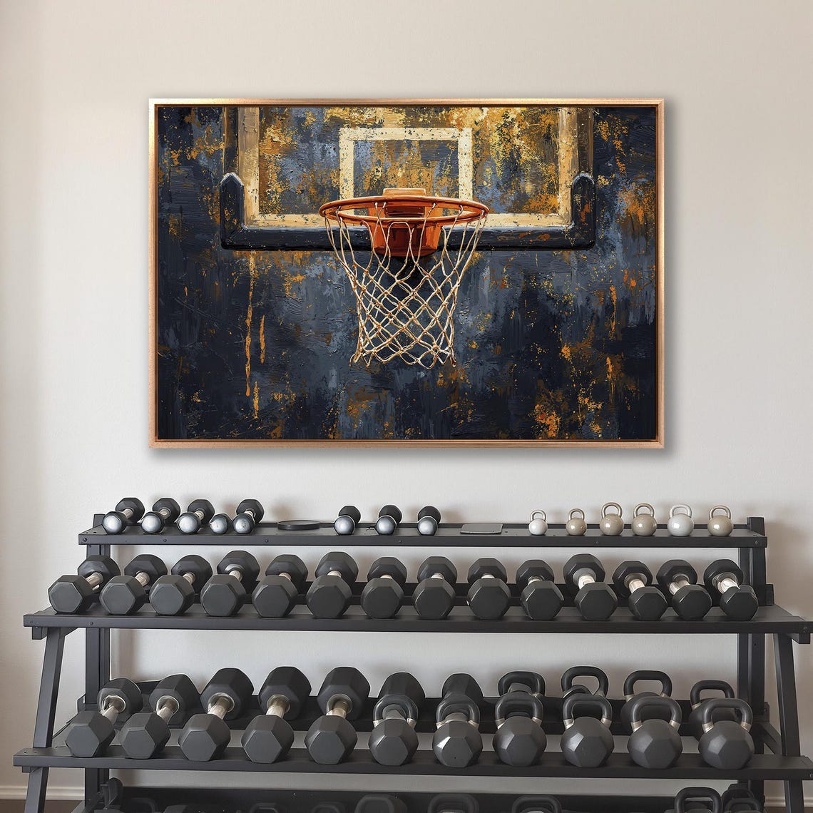 Basketball Hoop Close Up On Dark Blue And Gold Grunge Poster - Image 4