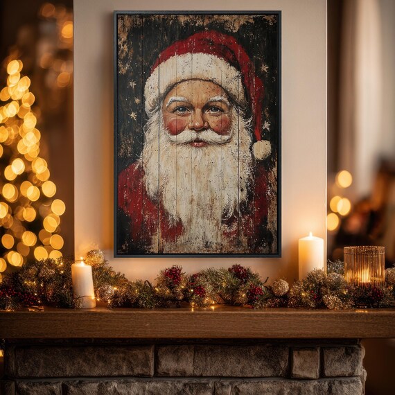 Rustic Vintage Santa Claus Portrait Distressed Wood Christmas Wall Art