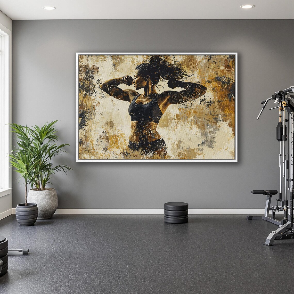 Fit Woman Holding Boxing Stance On Black Gold Abstract Poster - Image 5