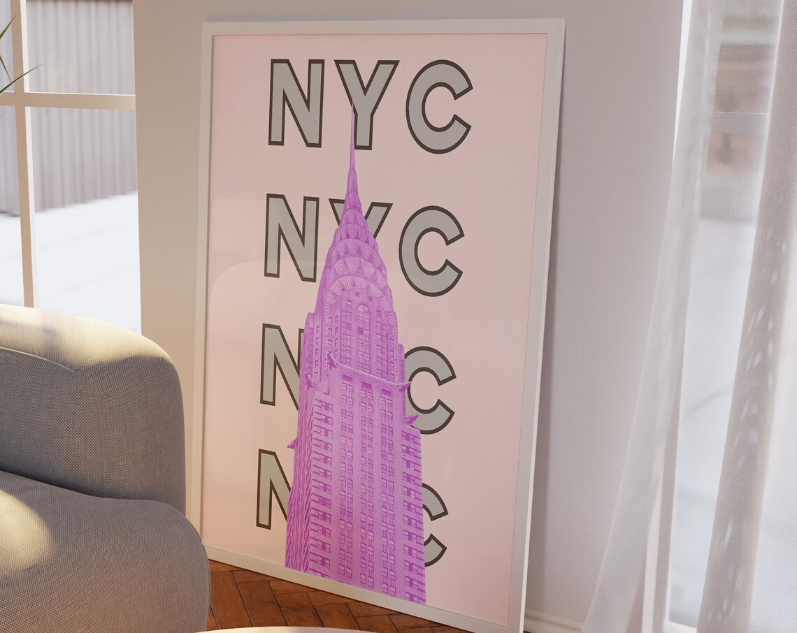 New York Retro Travel Poster, Trendy Pink Green - Image 3