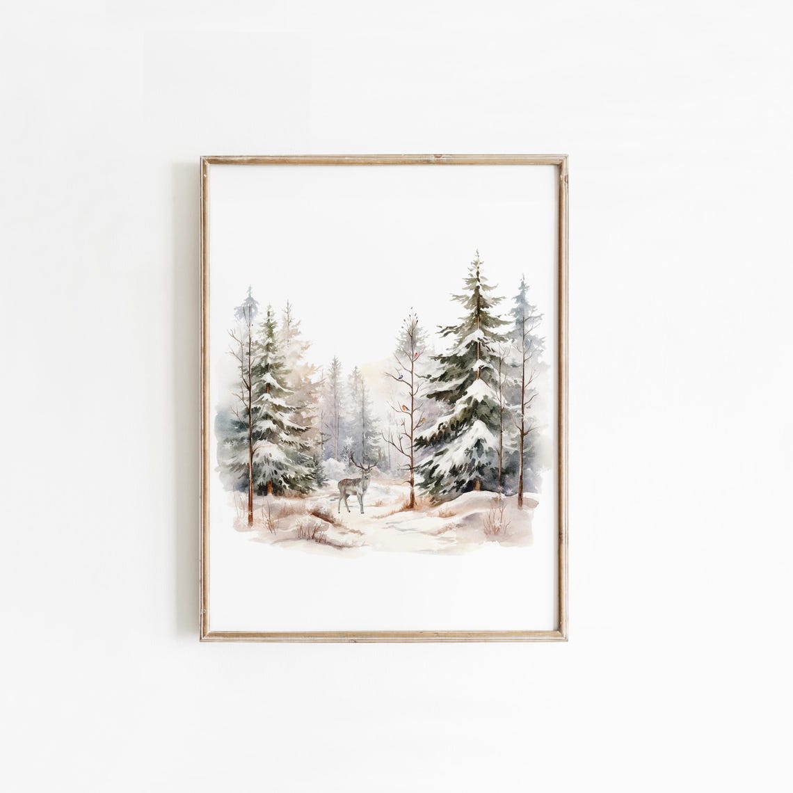 Winter Deer Snowy Pine Forest Watercolor Wildlife Art Poster - Image 3