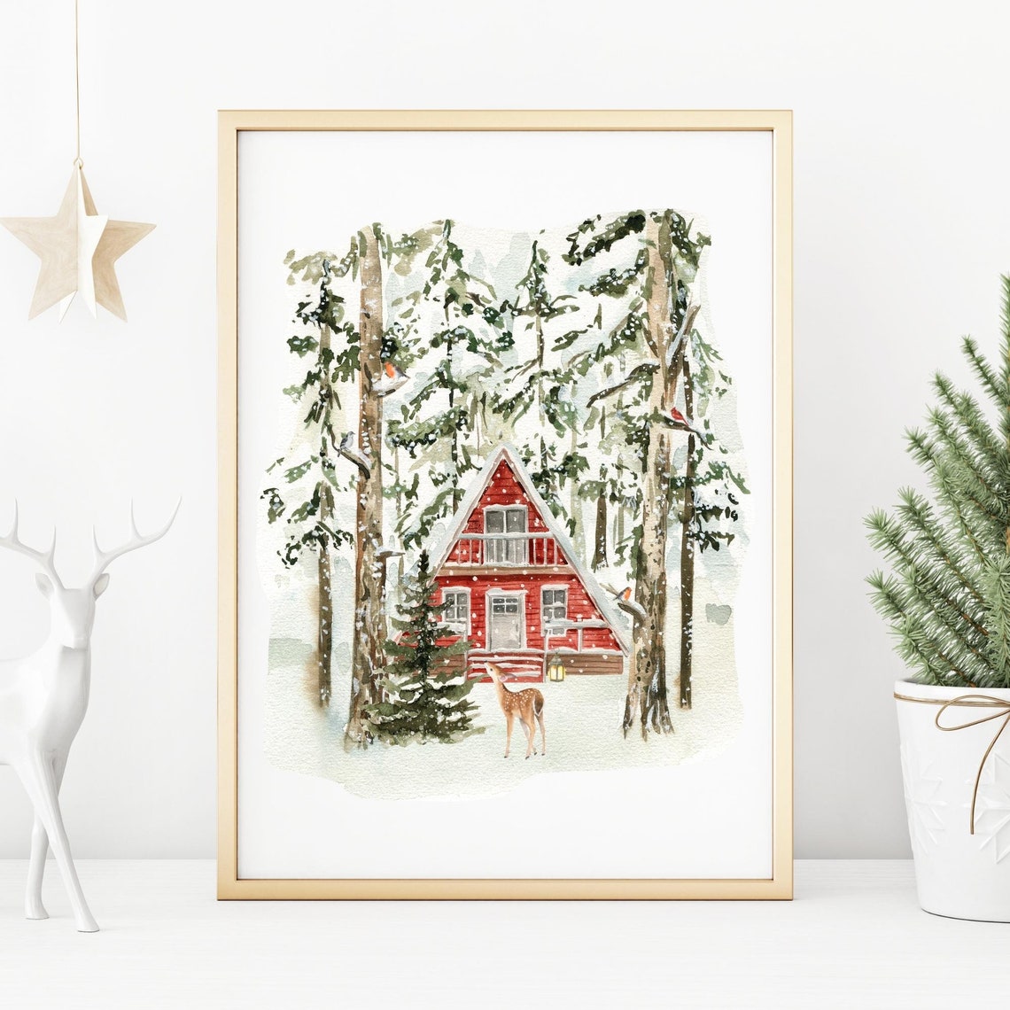 Winter Forest Red A Frame Cabin Snowy Deer Watercolor Art Poster - Image 2