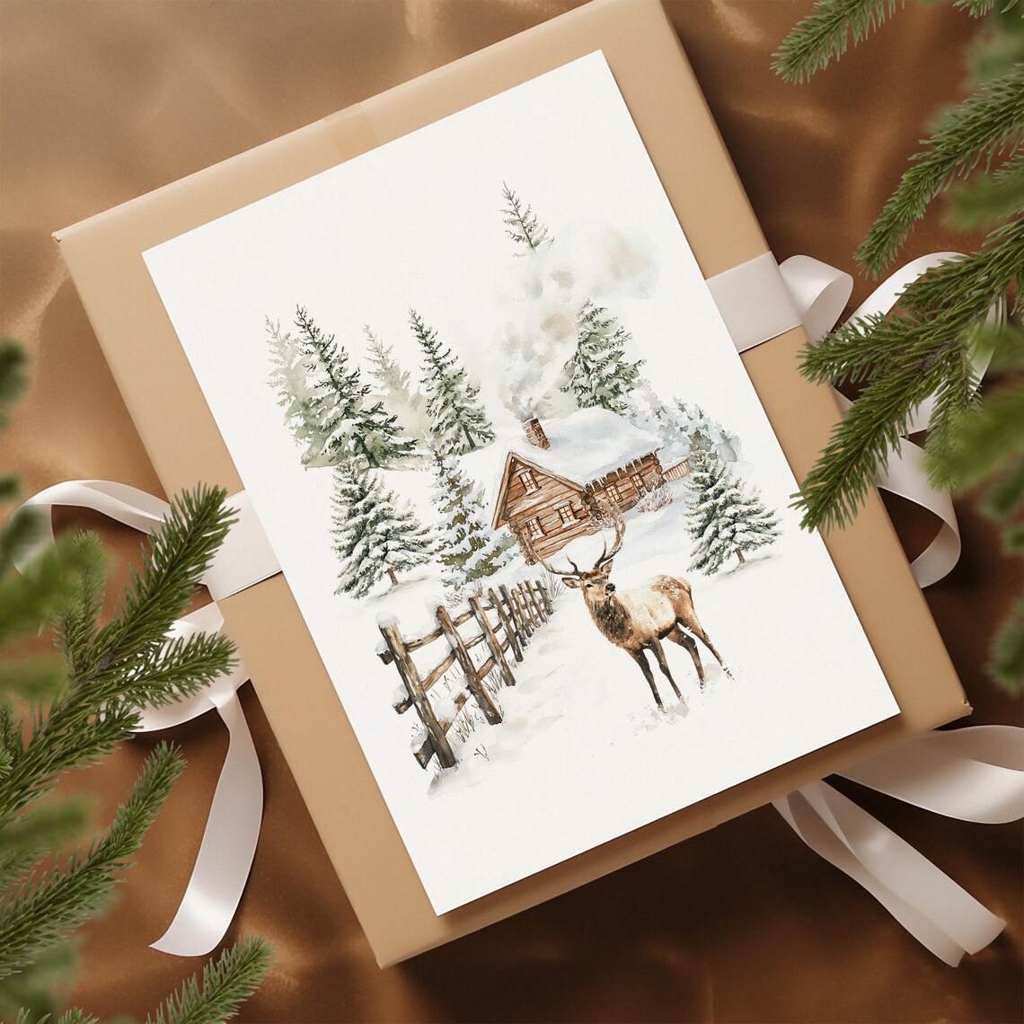 Snowy Cabin with Deer and Wooden Fence Watercolor Winter Poster - Image 2
