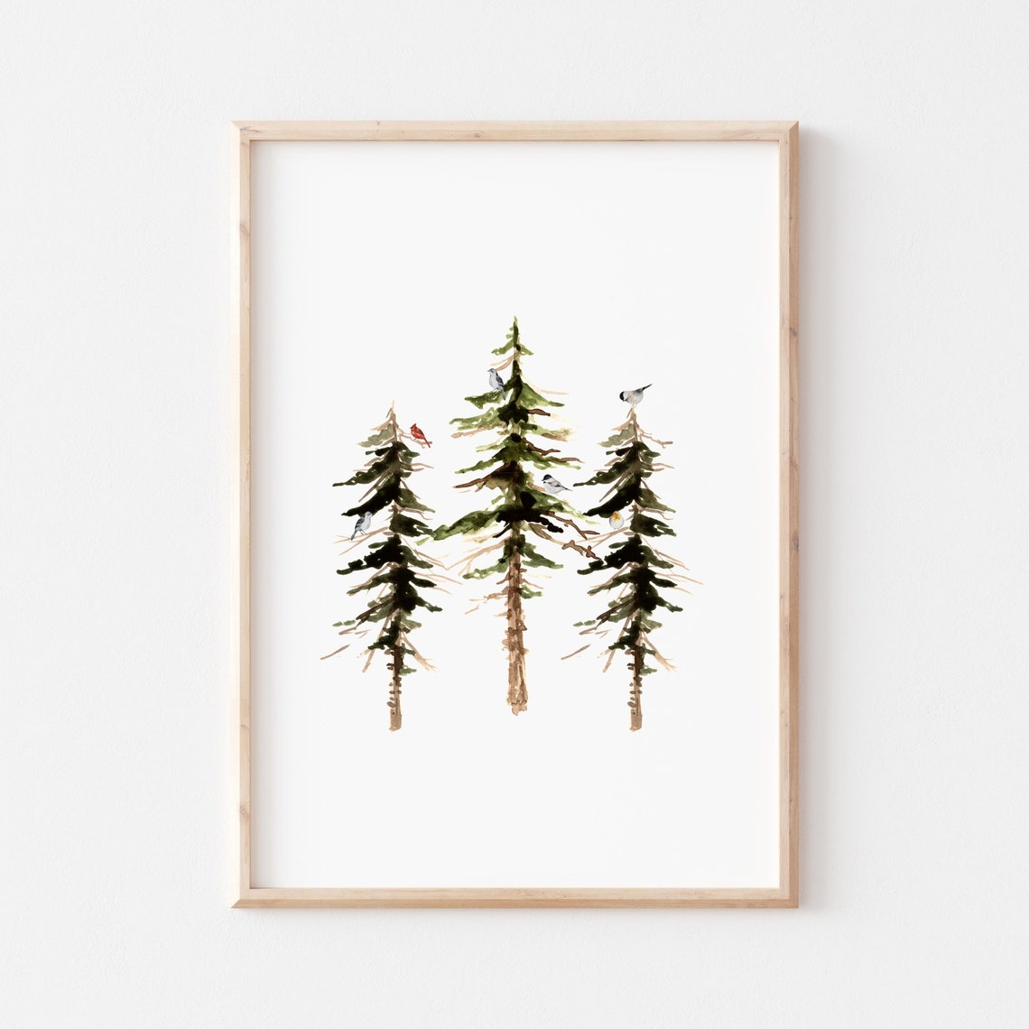 Watercolor Pine Forest Trees With Birds Minimalist Winter Poster - Image 3