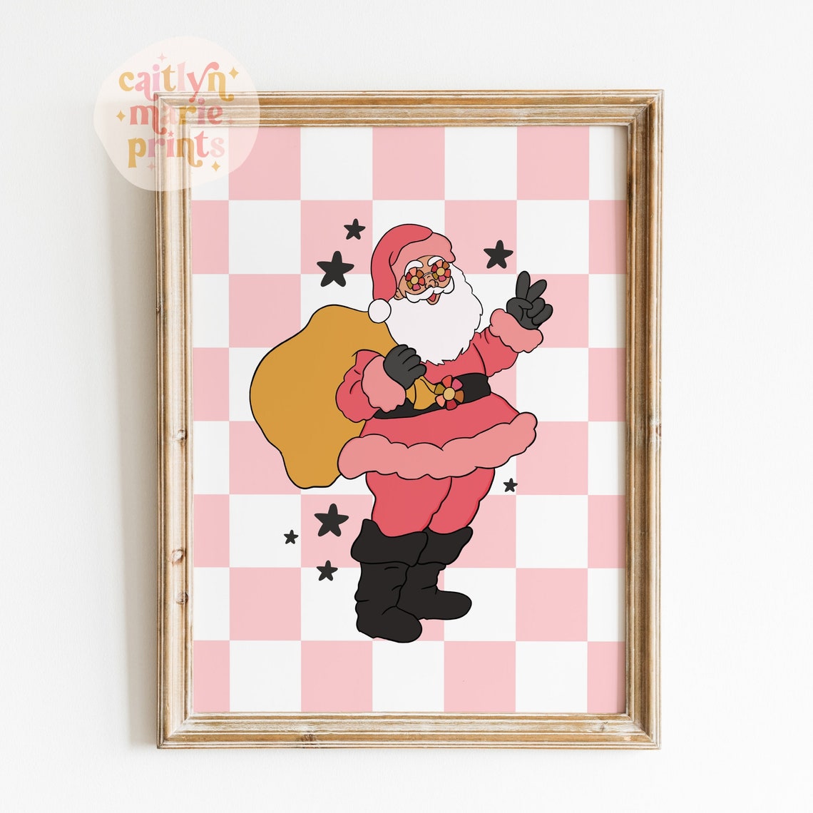 Retro Santa with Flower Sunglasses Pink Checkered Christmas Poster - Image 2