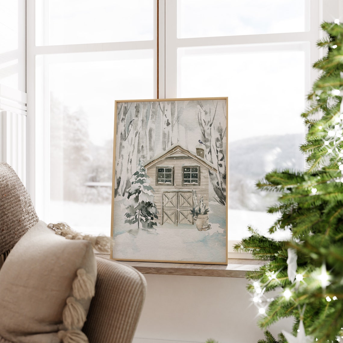 Winter Barn Snowy Birch Forest Christmas Watercolor Art Poster - Image 2