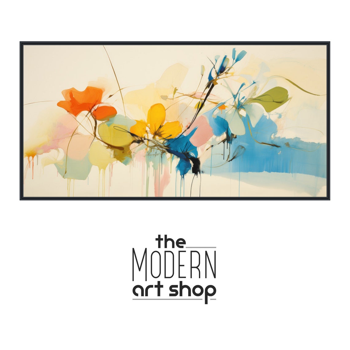Panoramic Loose Watercolor Flowers Orange Blue Beige Art Poster - Image 4