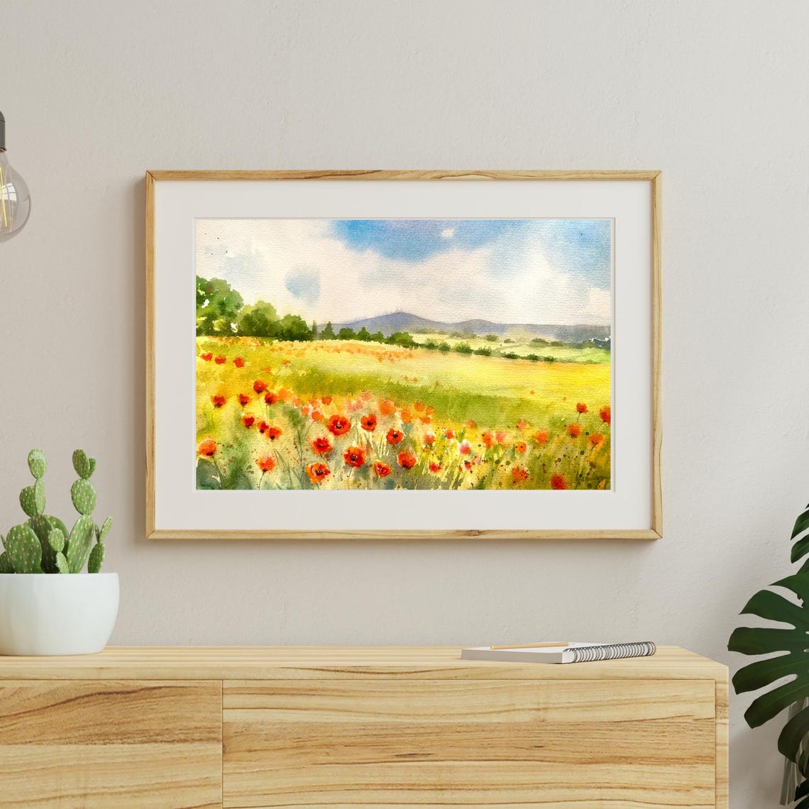 Poppy Meadow with Rolling Hills and Blue Sky Watercolor Poster - Image 7