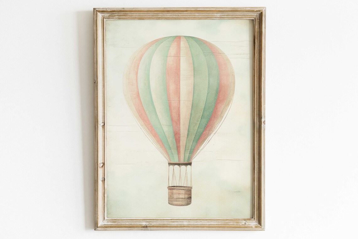 Hot Air Balloon Nursery Art Print, Minimalist Vintage