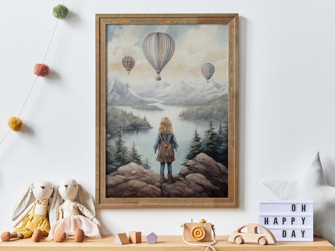 Colorful Hot Air Balloons Over Mountains Girls Adventure Poster
