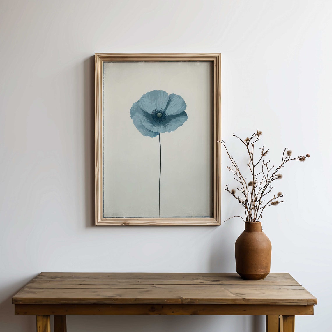 Minimalist Single Blue Poppy Stem on Cream Vintage Botanical Poster - Image 2