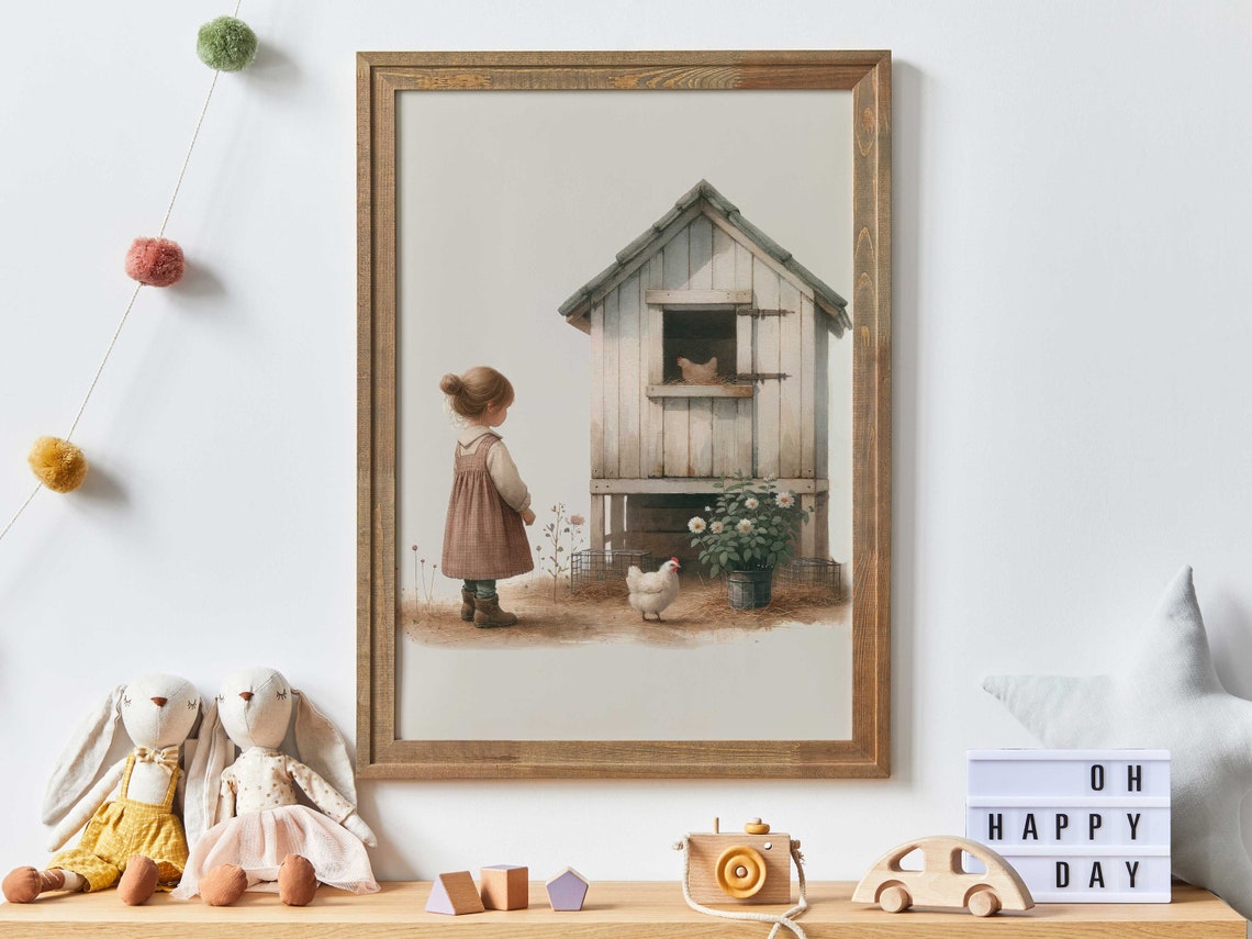 Little Girl Visiting Rustic Chicken Coop Farm Nursery Art Poster