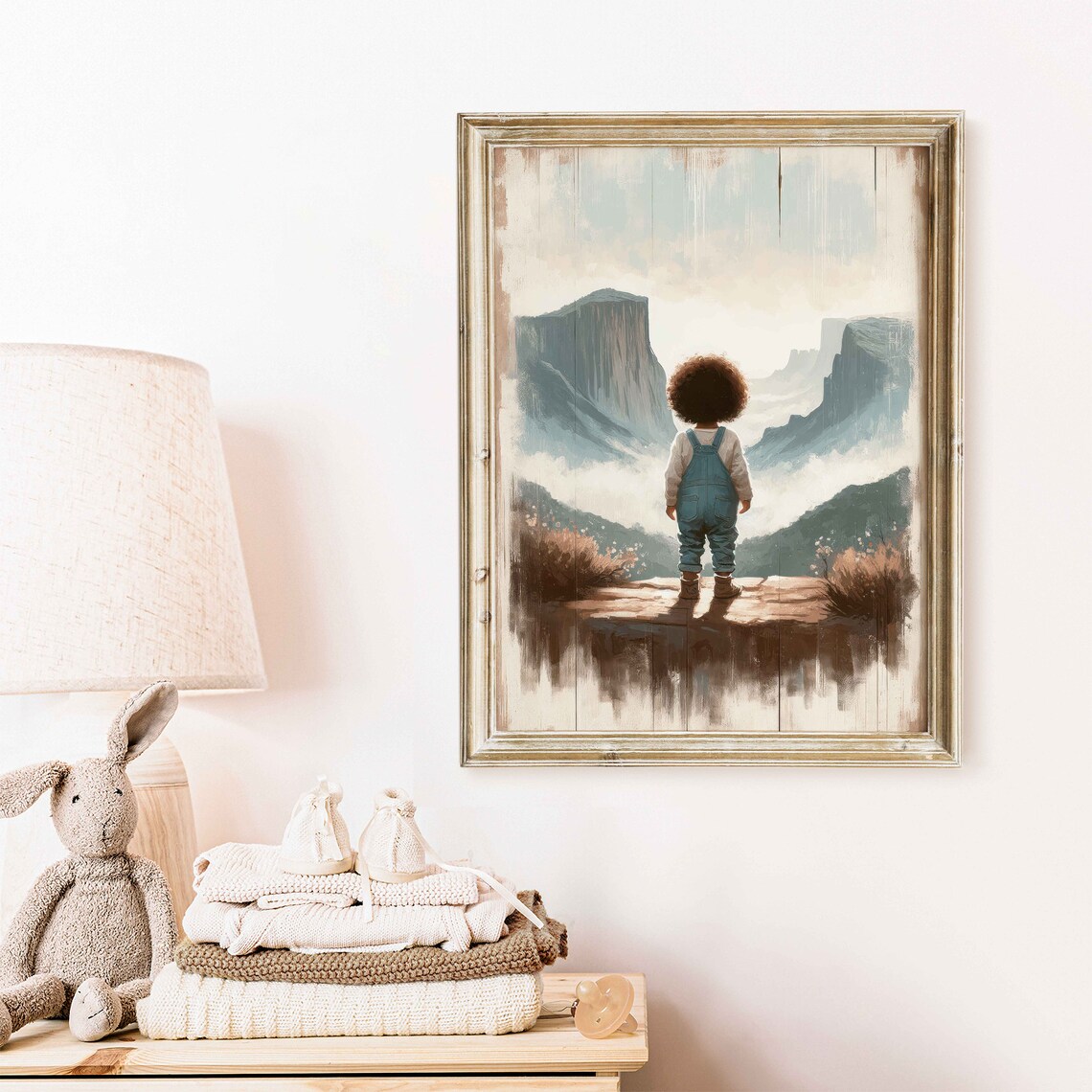 Curly Haired Toddler Gazing At Misty Mountain Peaks Nursery Poster - Image 2