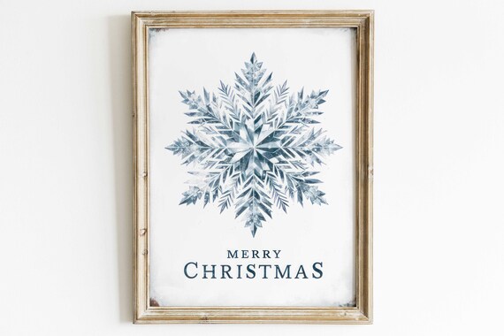Merry Christmas Blue Snowflake Farmhouse Holiday Wall Decor Poster
