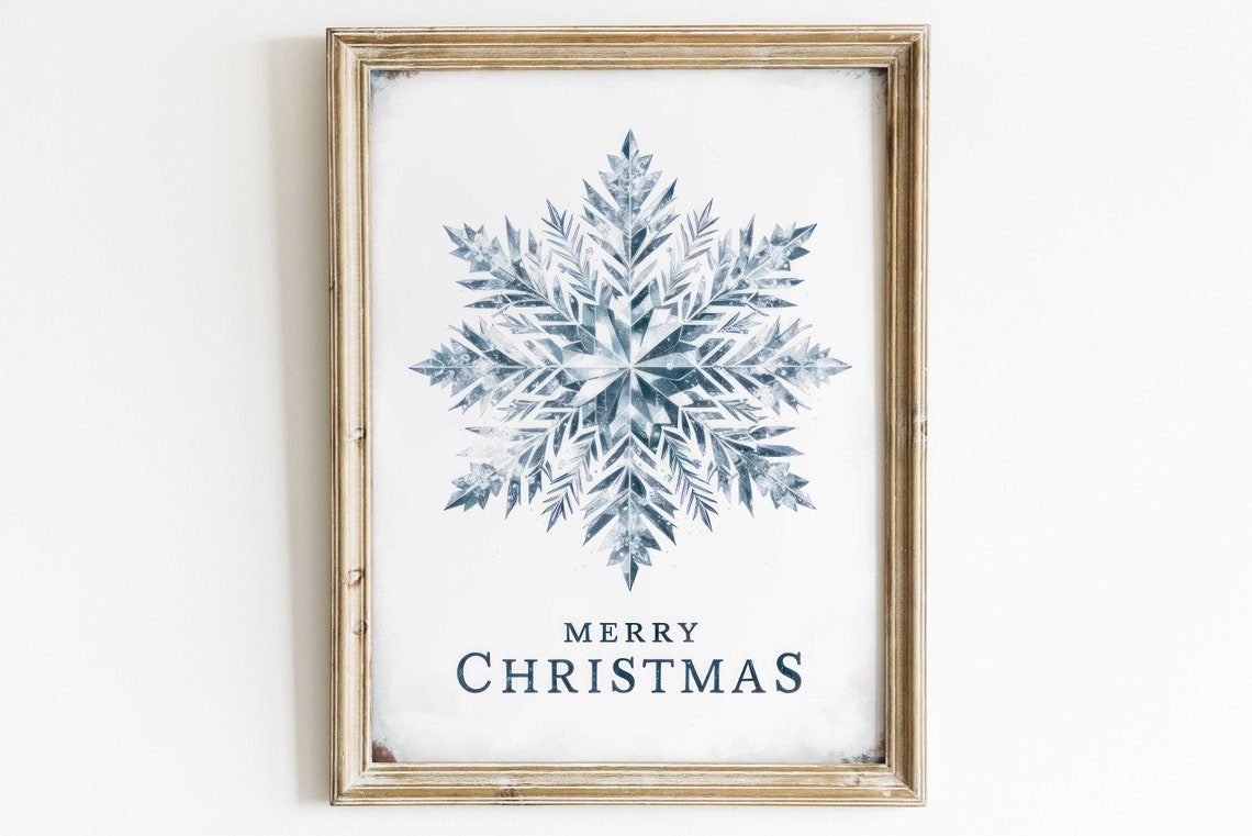Merry Christmas Blue Snowflake Farmhouse Holiday Wall Decor Poster