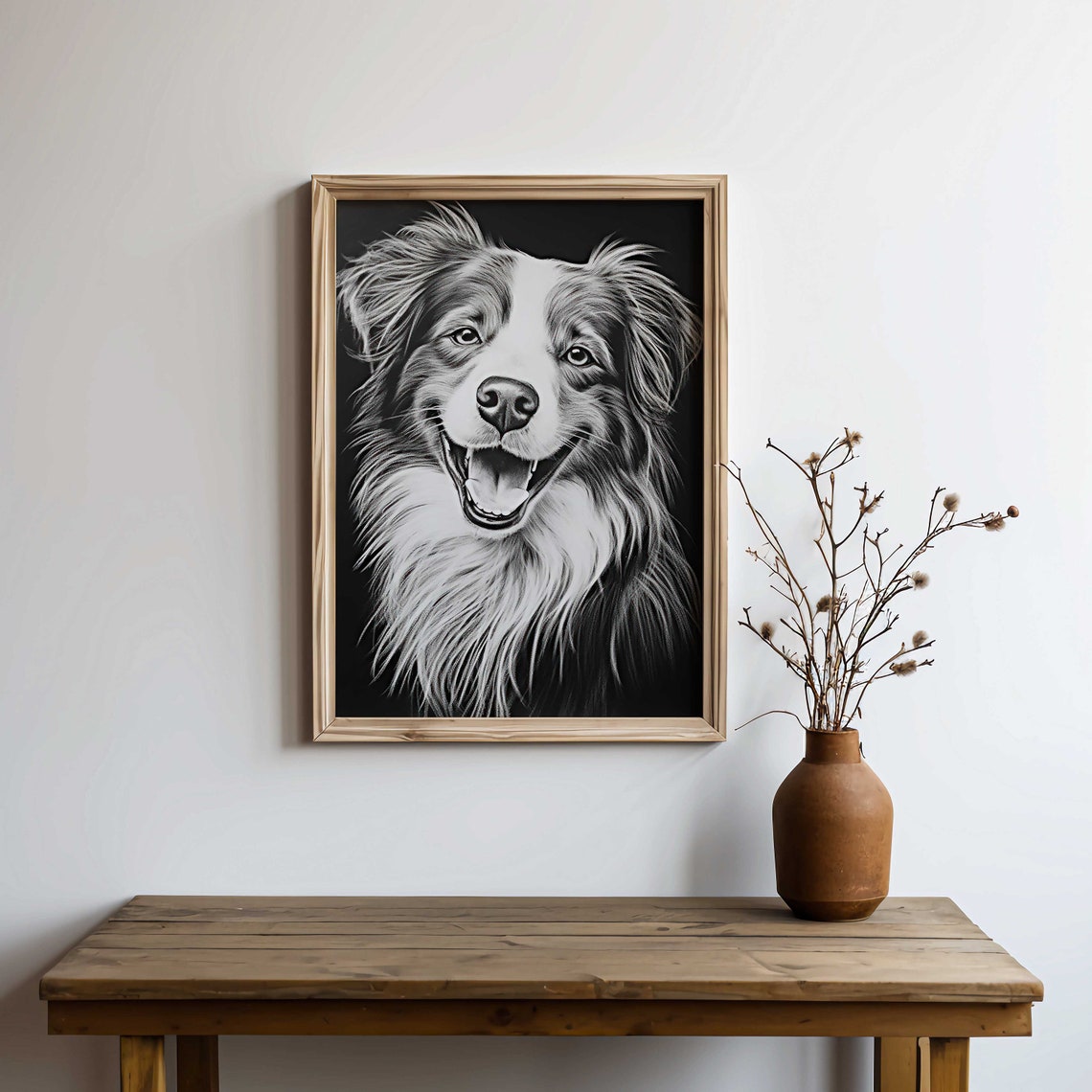 Black and White Australian Shepherd Smiling Dog Portrait Poster - Image 2