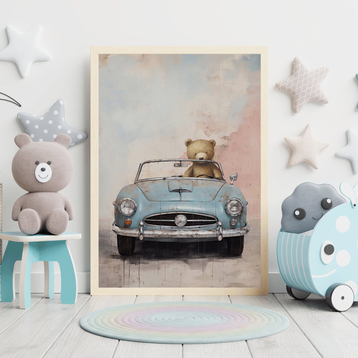 Teddy Bear Driving Blue Vintage Convertible Sports Car Poster - Image 2