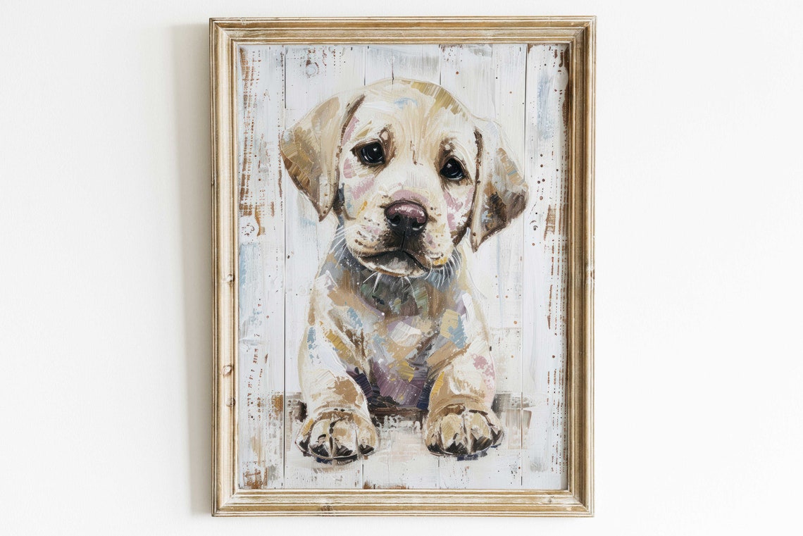 Yellow Labrador Puppy Portrait on Distressed Wood Rustic Dog Poster
