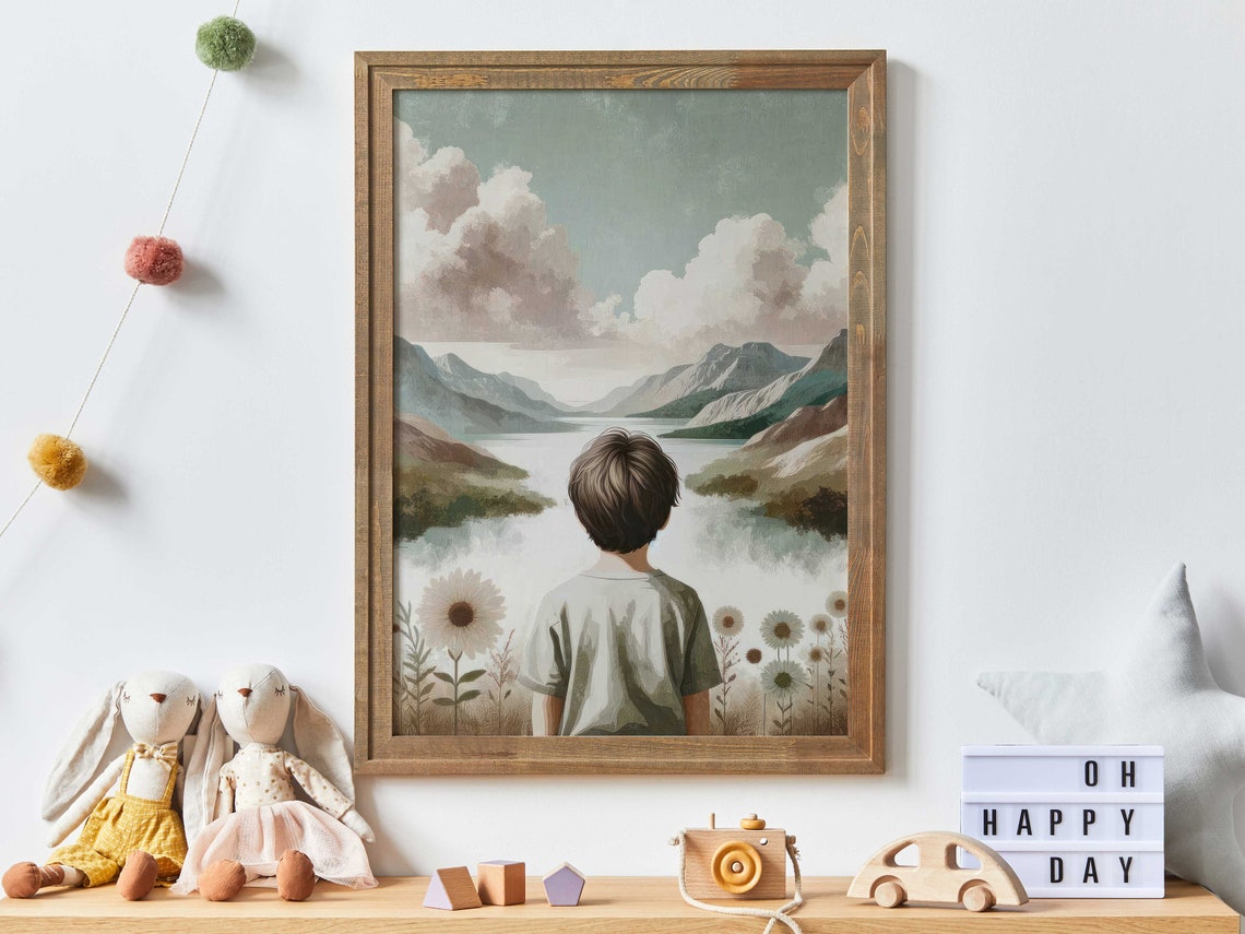 Young Boy Overlooking a Misty Mountain Lake Adventure Poster