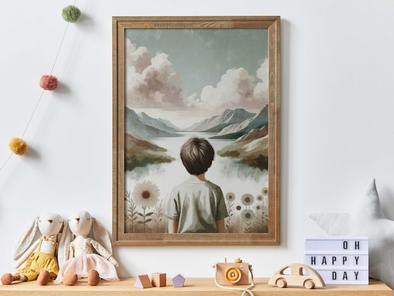 Young Boy Overlooking a Misty Mountain Lake Adventure Poster