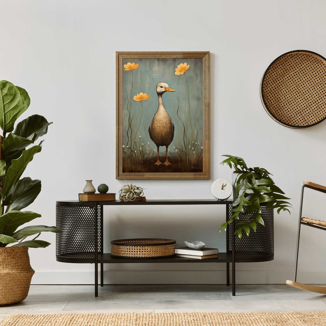 Whimsical Vintage Duck Standing Among Orange Blossom Flowers Poster - Image 2